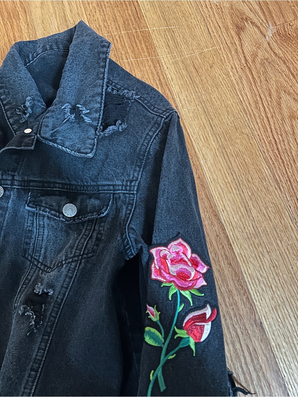Cello Black Distressed Denim Jacket with embroidered flowers